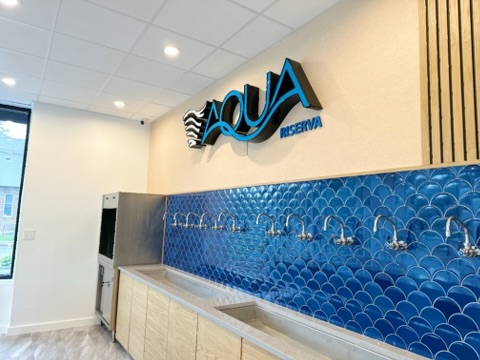 Wall of water dispensing taps over blue fish-scale tile with stainless drain trough, Aqua Riserva Hawthorne NJ